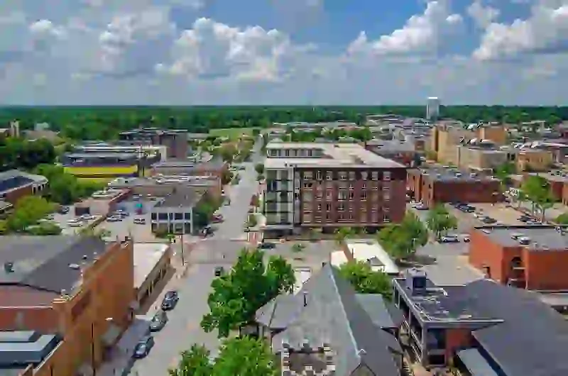 Aerial exterior view of RISE on 9th against Columbia surroundings